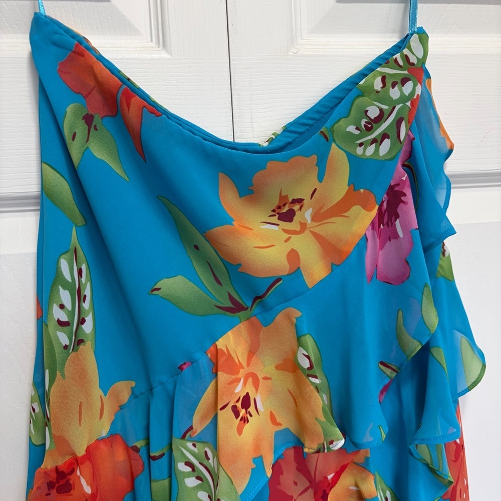 Chaps Vibrant Blue Tropical Ruffle midi Skirt Sz small - Picture 6 of 10